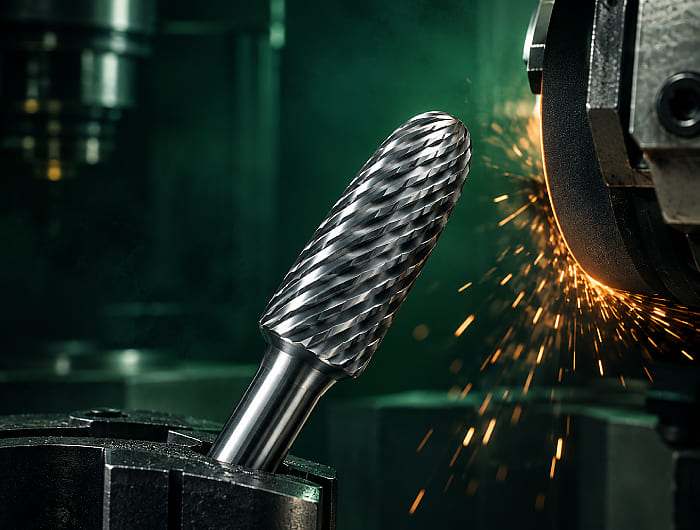 CNC tool grinder producing a custom carbide burr to a customer drawing